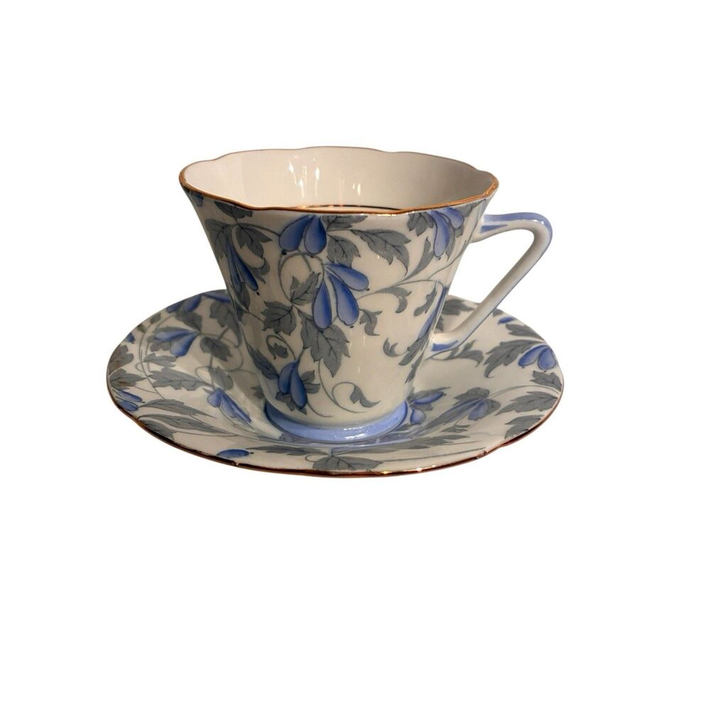 Crafting China Teacup And Saucer “Ashley” Blue, Gray And White Floral. #5830 E